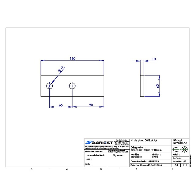 Couteau Epandeur 180X60X10 2 TRS Ø17 EA 65 Hardox référence fournisseur D01824